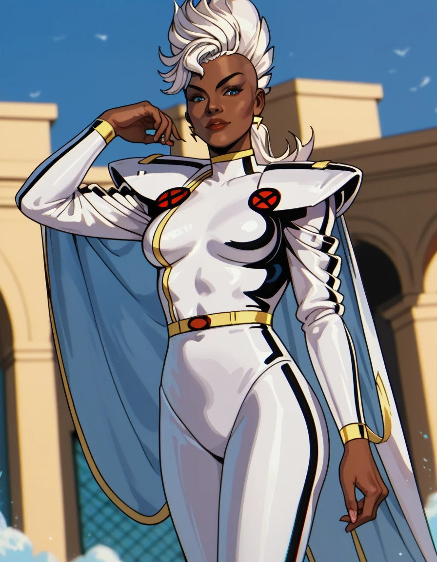 CARTOON_X_MENs_Storm,ownwaifu,
long hair,white hair,dark skin,dark-skinned female,breasts,lips,blue eyes,very dark skin,medium breasts,lipstick,floating hair,very long hair,makeup,big hair,curly hair,red lips,eyelashes,toned,
jewelry,earrings,cape,bracelet,bodysuit,gloves,superhero,choker,
<lora:CARTOON_X_MEN90s_Storm:1>,, 1girl, solo, looking at viewer,straight-on, upper body, official art, highres, scenery, (masterpiece:1.1), (best quality,:1.1), (high quality:1.1), (anime screencap:1.2),