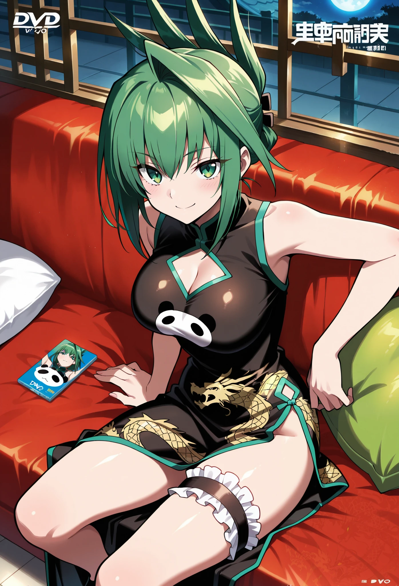 masterpiece, best quality, high quality DVD, anime, Aejun, green eyes, green hair, hair intake, folded ponytail, bare shoulder, black dress, sleeveless dress, cleavage cutout in the lower direction of the whole body, Dragon print , side slit, panda print, bridal garter, black footwear,
smile,