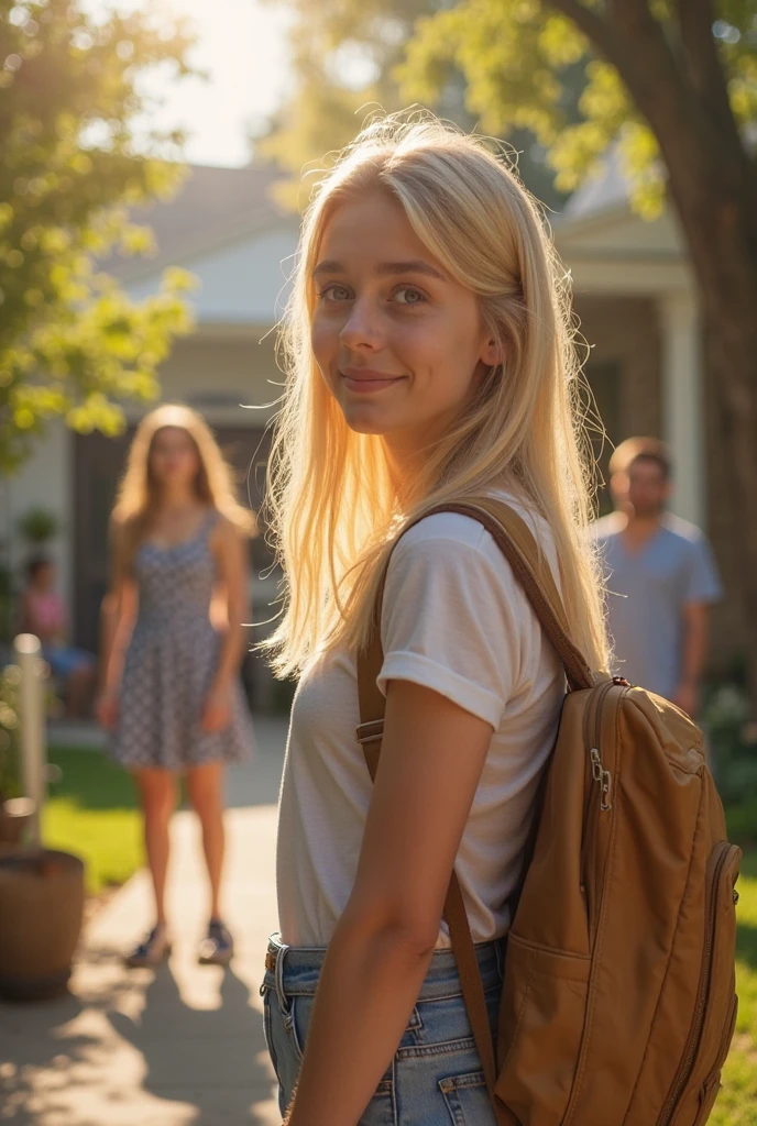 A beautiful white female adolescent, dressed very elegantly, stands amongst very poor black children in an African village. She smiles brightly while staring above the audience, enjoying the luxurious atmosphere of her surroundings. The magazine-worthy photograph displays her beauty and poise flawlessly. Her silky, long blonde hair has slight curls that fall gently around her face. 