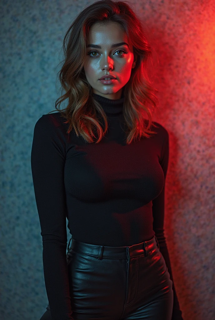 photo of Ag4th4V3g4_HM-135, a woman, perfect hair, (modern photo), wearing black jeans and turtleneck, 50mm medium telephoto (analog, cinematic, film grain:1.3), Volcanic Expanse, Planet with active volcanoes, lava, and smoking vents., detailed eyes, professional pose, (epiCPhoto), (looking at viewer:1.1), (cinematic shot:1.3), (loop style lighting), OverallDetail, SkinHairDetail