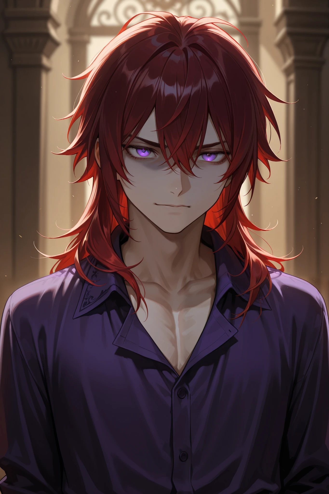 A man with dark red hair, an indifferent face in purple eyes, wearing a Middle European shirt.