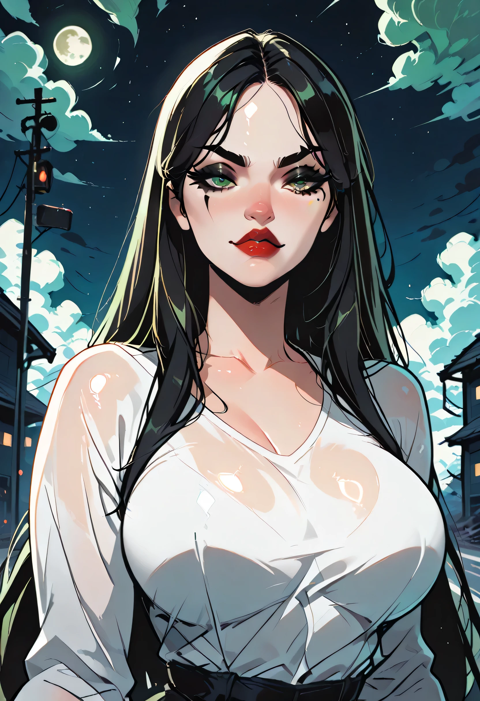 (perfect face, perfect body), black hair, very long straight hair, black thin eyebrows, green eyes, black eyeliners, nose, thick lips, red lips, beautiful face, large breasts, shirt, (shiny skin), looking at viewer, (night sky, cloud sky, roading)