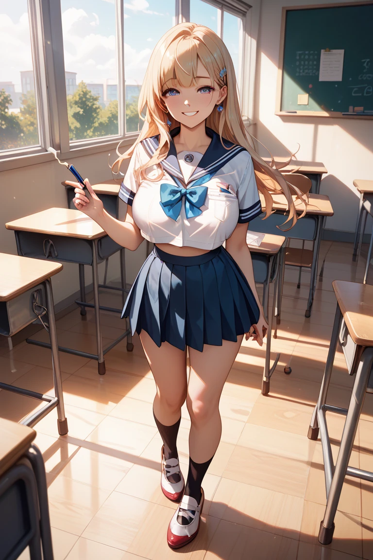 nswf,High resolution、High resolution、high quality、masterpiece、1 female、Ellen Baker、School teacher、blonde、blue eyes、(((completely NUDE:1.5)))、((NUDE:1.1)),School classroom、Cute pose、blackboard、smile、((Depiction of the whole body up to the toes))、((Close-up of a woman))、clothes lift:1.5,showing bra:1.4,Fashionable underwear、((open legs:1.8)),Squatting pose、attractive way to sit、((I was made to sit with my legs apart...)),Stick out your crotch、Detailed depiction of the crotch