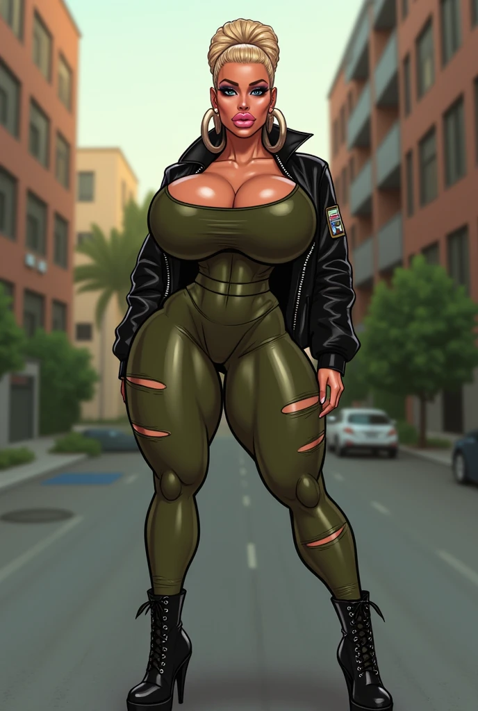 masterpiece, best quality,<lora:add_detail:0.6> <lora:lamialoveless:0.8> , highres, lamia_loveless,1girl,glowing skin,cleavage,curvy,wide_hips,nude,huge_breasts,[long hair], green hair, parted bangs,collar, nude,navel, street,serious,(full body),futanari, long penis,huge testicles,green high heels,black kneehighs, Sexy lingerie, star bracelet, necklace,star earrings, catwalk \(modeling\),dark-skinned female,