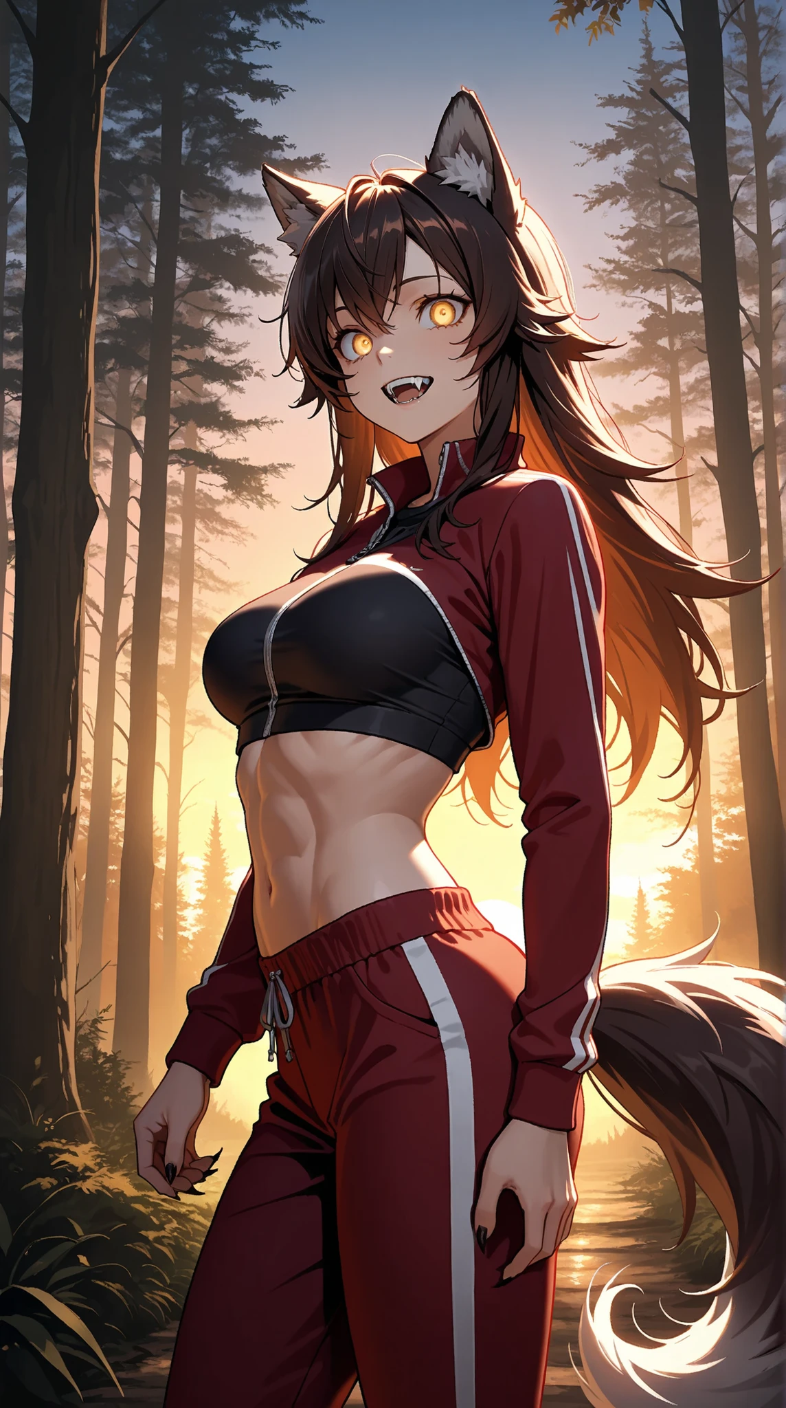Masterpiece, best quality, ambient lighting, evening, 1girl, wolfgirl, wolf tail, wolf ears, brunette, long hair, gold eyes, wolf eyes, fangs, claws, red track suit. A wolfgirl is walking in the forest, crazy eyes, toned body, medium breasts, medium shot, side view.