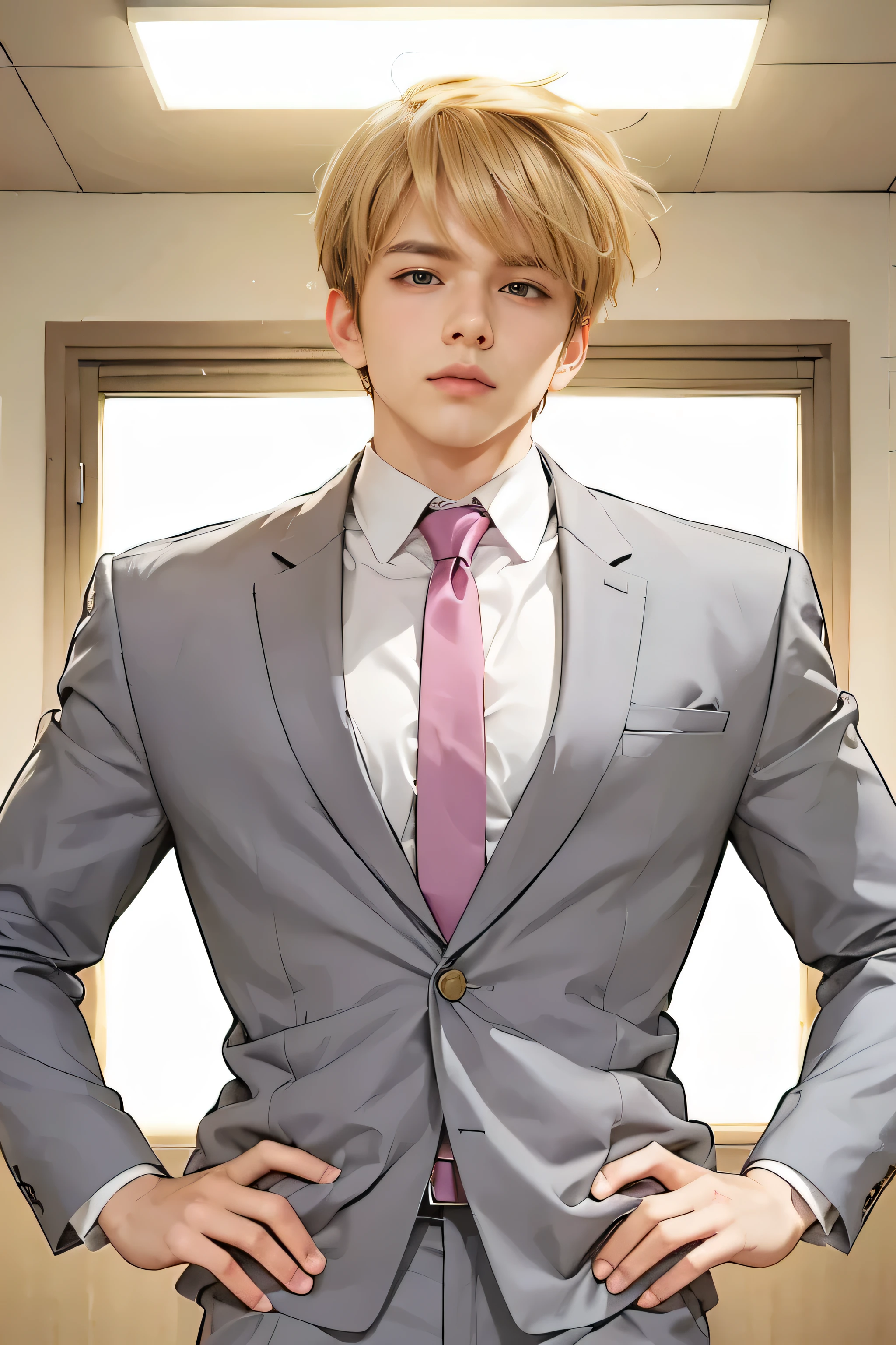 best quality, masterpiece, details, Close, Half Body, perfect ratio, handsome man, solo, droopy eyes, sleepy, Three white eyes, 1boy , beige hair from below the bangs, handsome Japanese man, gray suit, pink neck , glowing background of salvation, Delicate Texture, soft lighting, realistic portrait, advanced 3d rendering, rich color, Bokeh, HDR, 4K ultra high definition