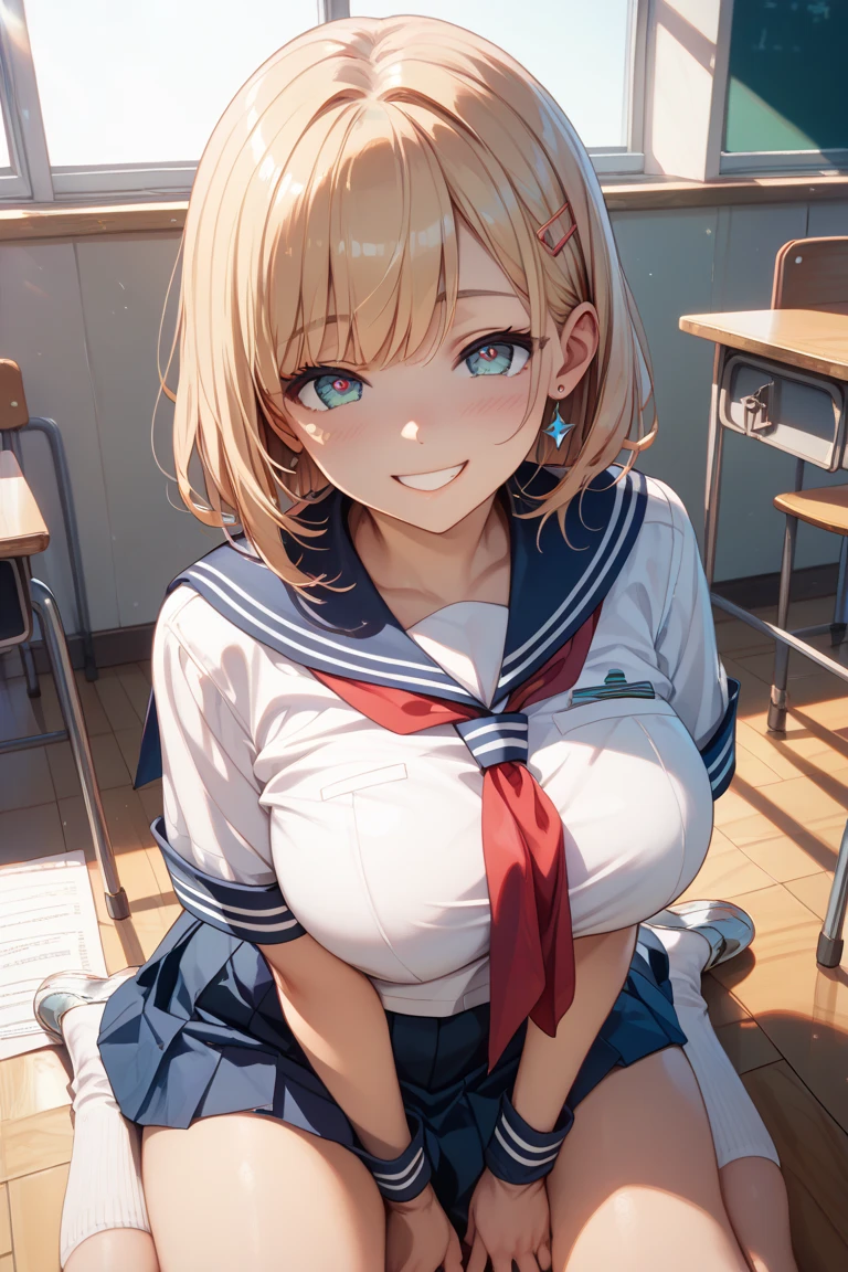 young girl with short blond hair, blank expression, faded eyes, relaxed body posture, glazed eyes, unfocused eyes, nude, cuddling with a teddy bear, in classroom