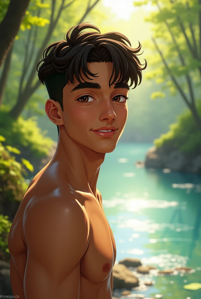 Highres, Masterpiece, Best quality at best,Best Quality,hight quality, hight detailed, 1boy, bentennyson, green eyes, (shirtless, topless, bare chest), close-up the body, upper body,  the day, summer
