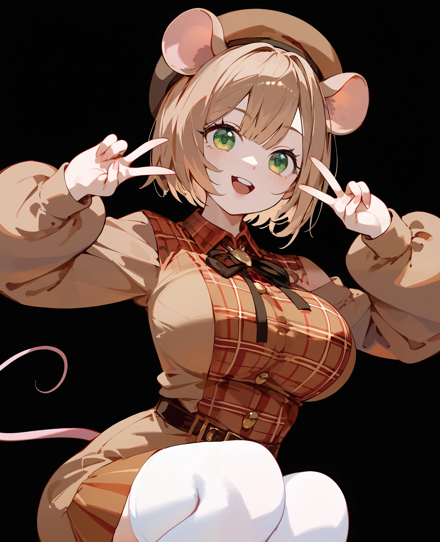 girl,Mouse Ear,light brown hair,in green eyes,,for short hair,, comic dress,big breasts,cute,brown short skirt,Slim legs,With rat tail,Sherlock Holmes series ,black black background,Put on a brown hat,brunette dress ,Brown Long Sleeve Blouse,ต้นSlim legs, White Stockings,Brown theme,mysterious,Beret Category,Plaid shirt,,upper body shape,V Sign post,