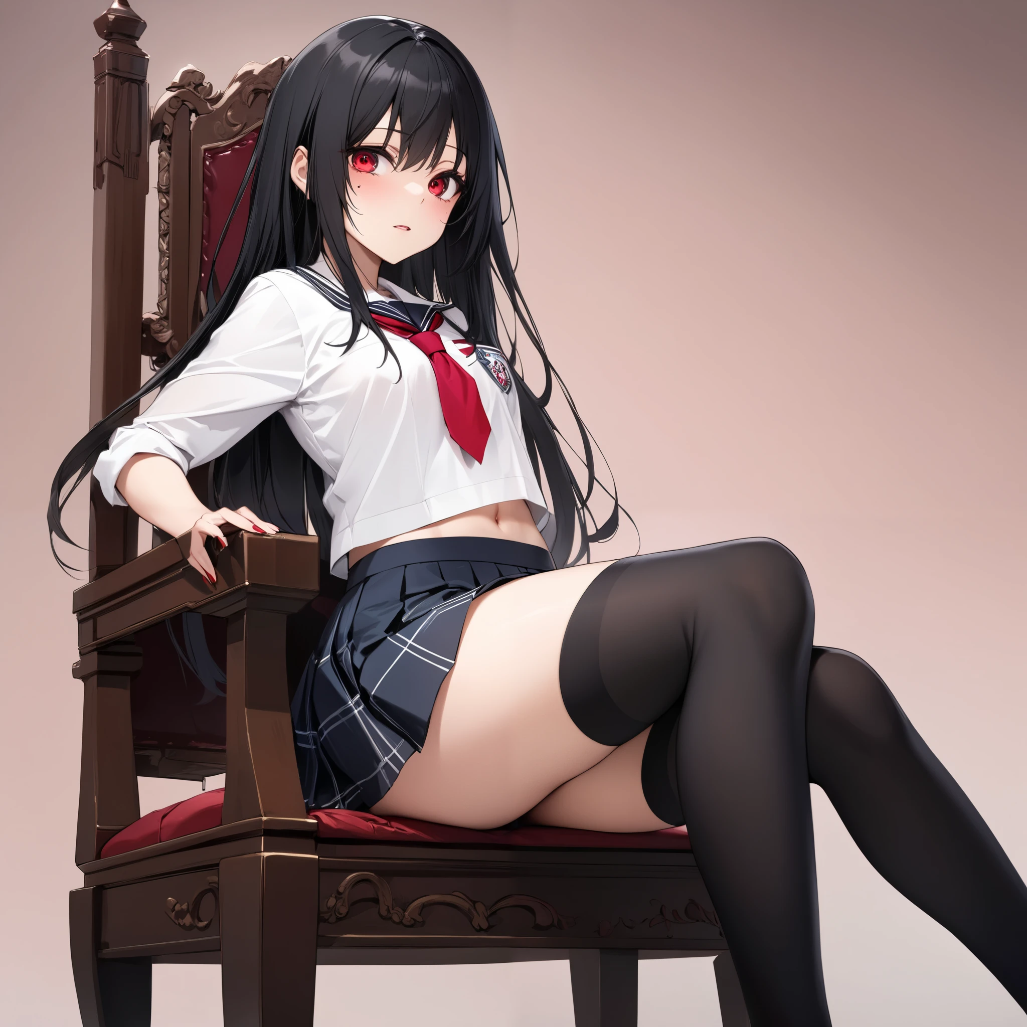 scene:0.9, (masterpiece), (((ultra detailed, 8k quality))), high quality, (centered depiction of a girl in a school uniform, sitting with her legs crossed on a throne, armrests), ((wearing golden crown)), (long black hair, side bangs), (full body:0.7), ((torso)), perfect fingers, (wide shot:0.7), from below, expressive ruby red eyes, (looking at viewer with pleading eyes, black hair, side bang, expressive red eyes:0.7, glowing red eyes), (depth perception:0.7, black background, blurry background), 14 years old, (distanced), throne