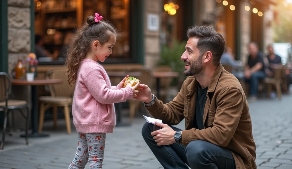 Man 
Giving out a pizza to a young boy
