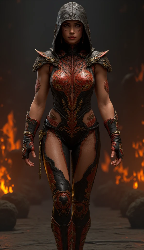 Serpent Goddess, Bronze Skin with Black and Red Scales, Long Black Hair, Python Pattern, Snake Lower Body, Serpentine Armor, Serpentine Blade, Red Snake Eyes, Busty, Scar Over Left Eye, Forked Tongue