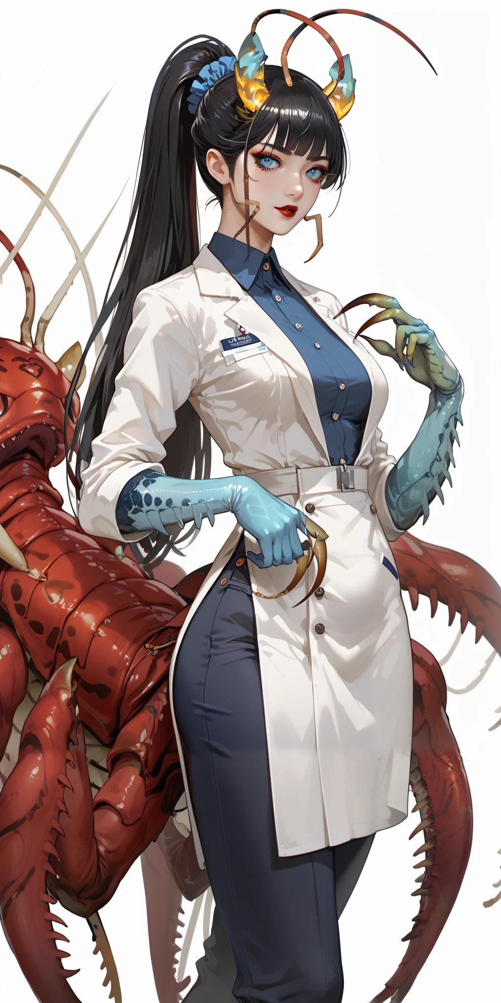 The woman is an demon/monster , she is dressed in a doctor's costume: blue capri pants , white medical robe, silicone gloves. She has long black centipede-like tail. She has a second pair of hands in the form of mantis paws. There are two long horns on her head. she has black hair slanting bangs and long tall ponytail. She has expressive glowing blue eyes and black eyelids. She has red lipstick on her lips and she smiles mysteriously all the time. In the background is a medical office of demonic hospital, in thw room standing an anatomical model of a person, medical instruments are on the tables.