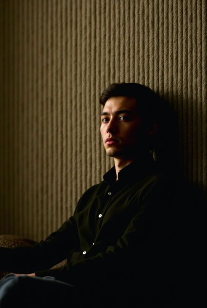 A scared man in his bed, in the shadow. 