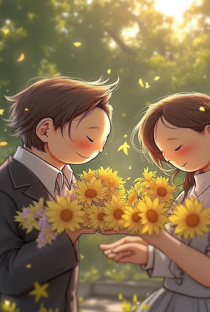 A boy with semi-long hair kneeling with a bouquet of sunflowers in front of a girl and the girl is blushing and they are both wearing school uniforms