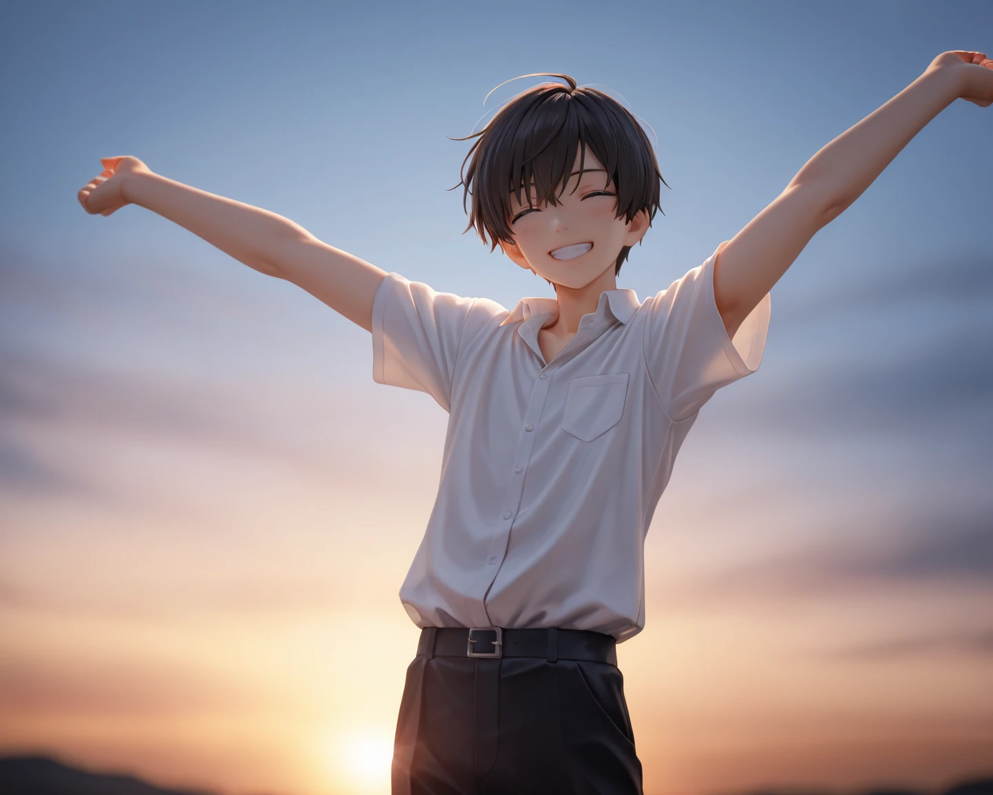 (f-CN) Farmland, Morning dew, A sun-baked wheat field, leisurely flowering dandelions, (1 boy), big smiling face under the bright sun, in light cotton clothes, blue shirt, Kind and natural.