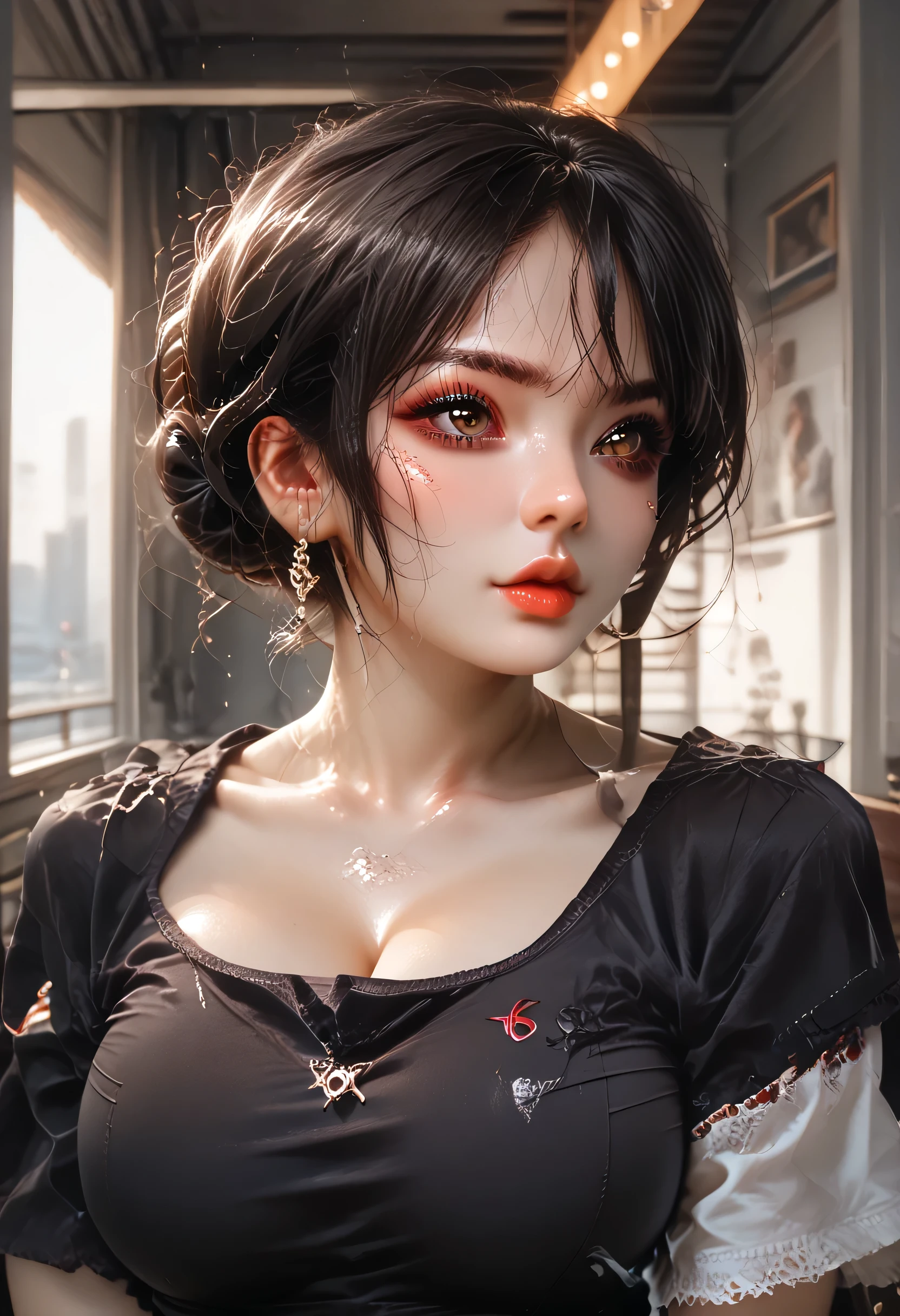 realistic, black bun hair kont top, black eyebrows, brown eyes, red thick lips, perfect face, (large breasts:1.3), white t-shirt