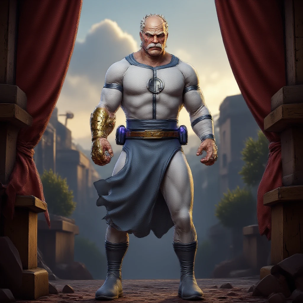 Tall, muscular, Old, Kratos, powerful, wearing a gold armor and a blue cape, standing on the battlefield, Realistic, Full HD, best quality