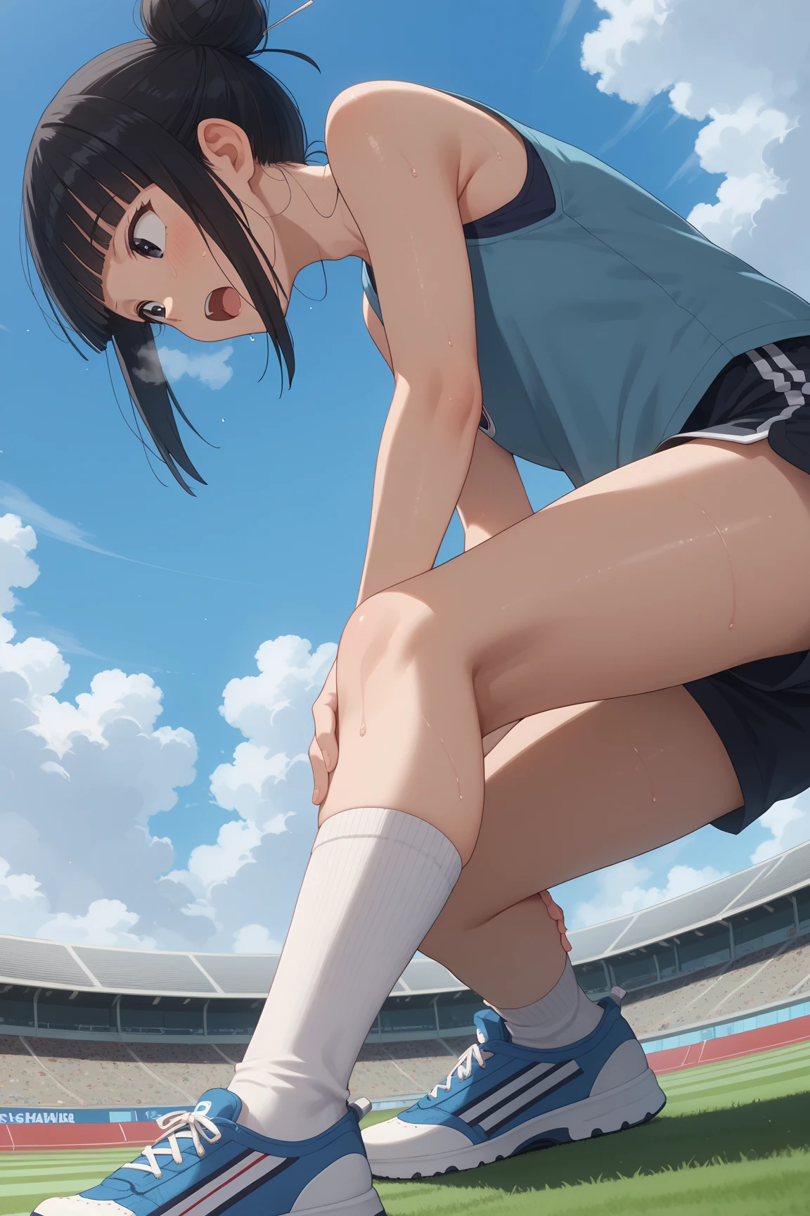 muste piece、masterpiece、highest quality、Super detailed、High resolution、8K portrait、Unity 8k壁紙のHigh definitionCG、cute type little:1.5、Lori:1.5、Highly detailed CG unity 8k wallpaper、Realistic、real person、 portrait photography、shiny skin、High definition、(16 years old:1.2)、(1 girl)、beautiful clear eyes、extremely detailed description、delicate face、nice lips、slender body、small breasts 同 thin waist、thin legs、(Atlantic stadium track:1.6)、1 girl, cute type, perfect face, seriously, (blush:1.5),(brown hair bob hair:1.3),small breasts 同,((short sleeve gym clothes:1.2)),((clothes lift:1.5)), ((I have nipples)),(spread legs:1.2),((climax in vagina:1.5)),((own hugging feet:1.5)),(wearing shoes:1.3)