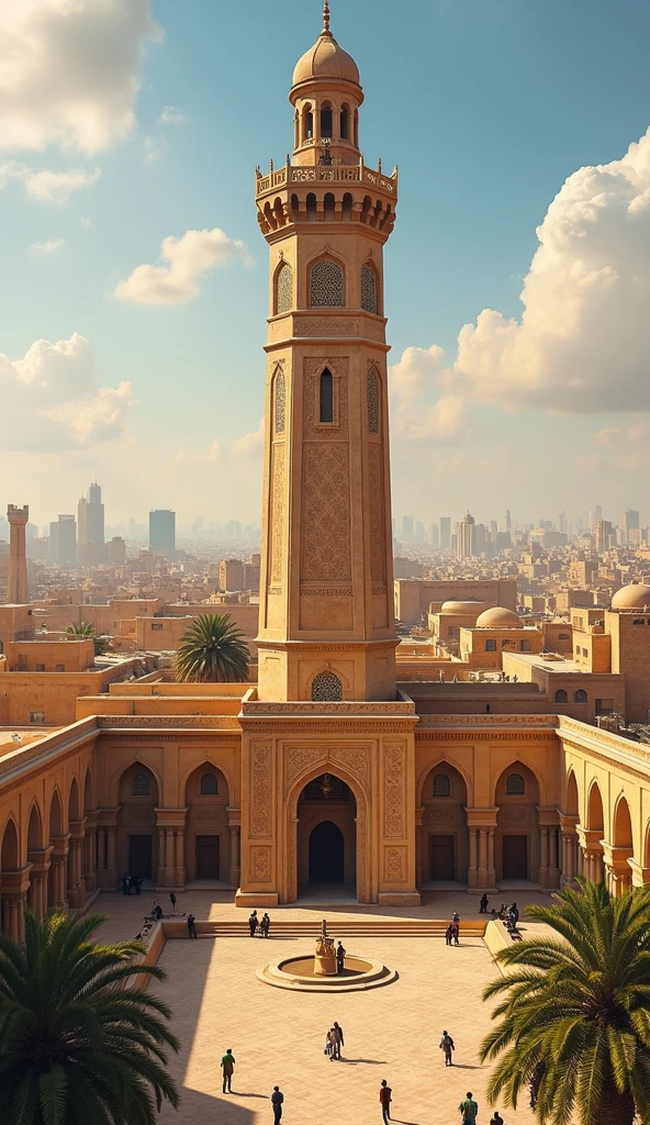 A wide-angle, ultra-high-definition view of Fez, Morocco in the 9th century, with Fatima standing determinedly in the foreground, dressed in traditional Muslim attire with a hijab. The cityscape is bustling with life, with detailed Islamic architecture under a bright blue sky. The scene should capture her sense of purpose and the historical significance of the moment.