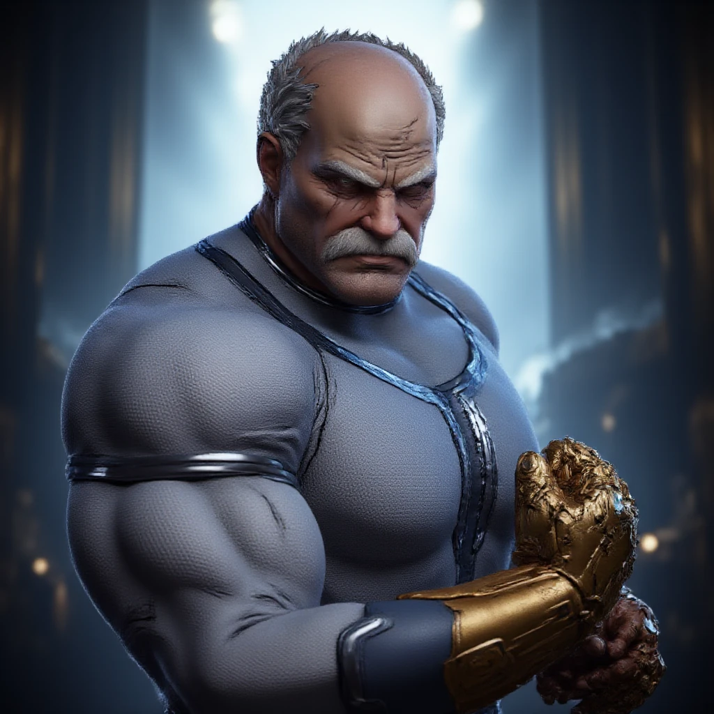 Hyper-realistic, 3D image of an elderly man, portrayed as a meticulously crafted plastic figurine, exhibits an unnatural yet compelling representation of muscular development and a glossy skin that magnifies every intricate detail. His countenance exudes a profoundly visceral expression of pride and unyielding strength. Adjacent to him, a stunningly beautiful woman figurine gently rests her hand on his chest, her own visage radiating awe and deep-seated admiration.