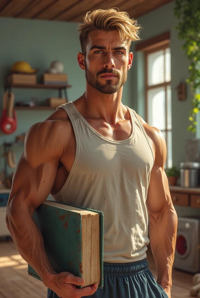 (1boy, photorealistic:1.4, masterpiece:1.2, ultra detailed, best quality, 4k), a handsome college aged boy nude in the school library holding a tall stack of books in front of his crotch, has a smirk and playful expression, male, slim athletic body build, indoor library lighting, detailed face, full body image, with unparalleled attention to detail this photorealistic portrait combines the style of National Geographic, Capture every detail of his textured skin in 8k resolution, Leica digital SLR camera, his features are clearly visible from the deep-set eyes to the chiseled jawline, make this image a true masterpiece, Lift, (8K UHD, RAW Photograph, Photorealistic Portrait Leica Digital SLR, Lifelike images)