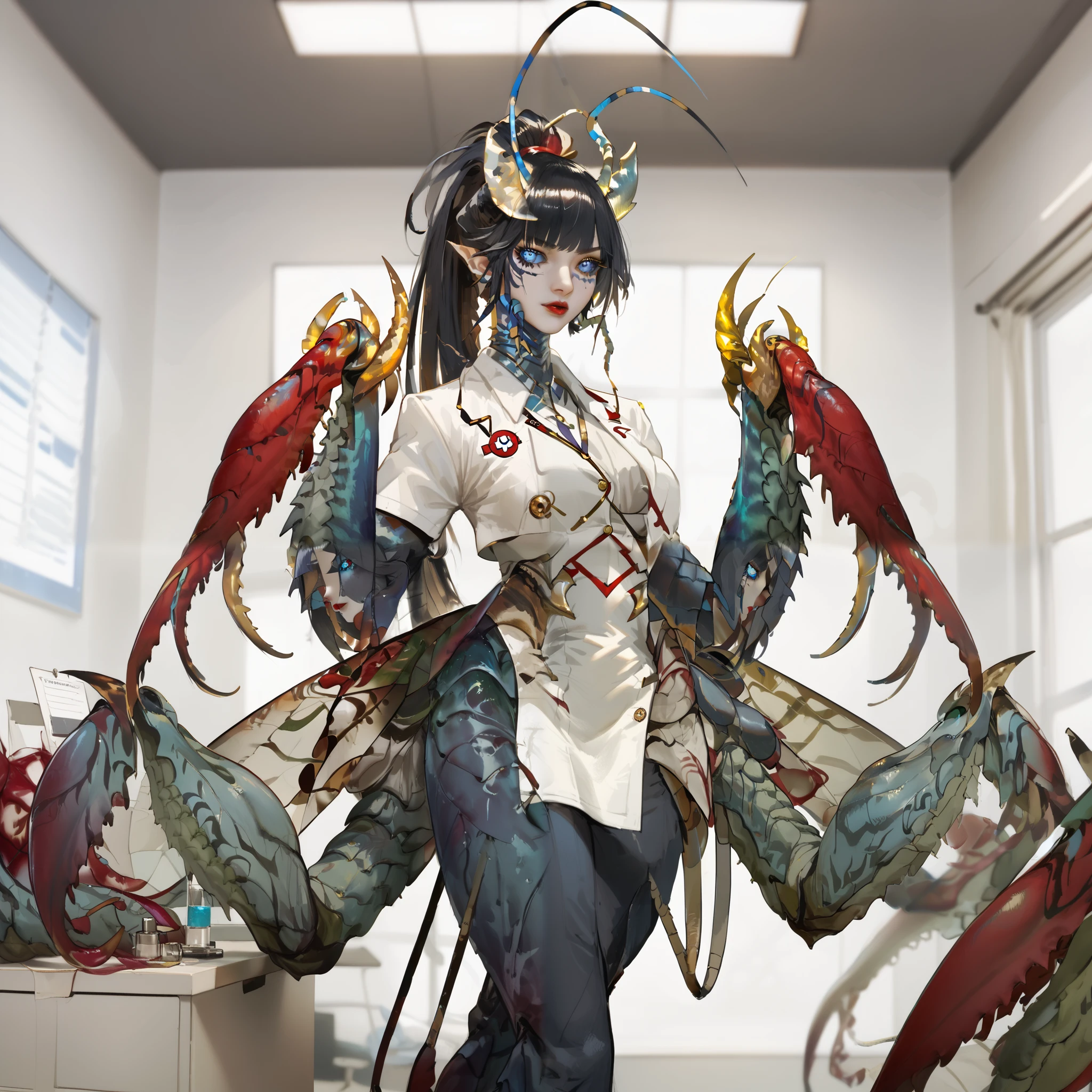 The woman is an demon/monster , she is dressed in a doctor's costume: blue capri pants , white medical robe, silicone gloves. She has long black centipede-like tail. She has a second pair of hands in the form of mantis paws. There are two long horns on her head. she has black hair slanting bangs and long tall ponytail. She has expressive glowing blue eyes and black eyelids. She has red lipstick on her lips and she smiles mysteriously all the time. In the background : is a medical office of demonic hospital, in the room standing an anatomical model of a person, medical instruments are on the tables.