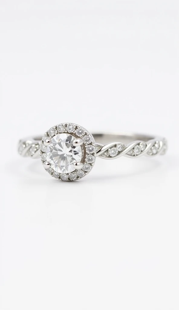 A sparkling engagement ring featuring a round, center diamond surrounded by smaller accent diamonds set in a twisted band of white gold. The band elegantly curves and sparkles, enhancing the overall brilliance of the main stone.