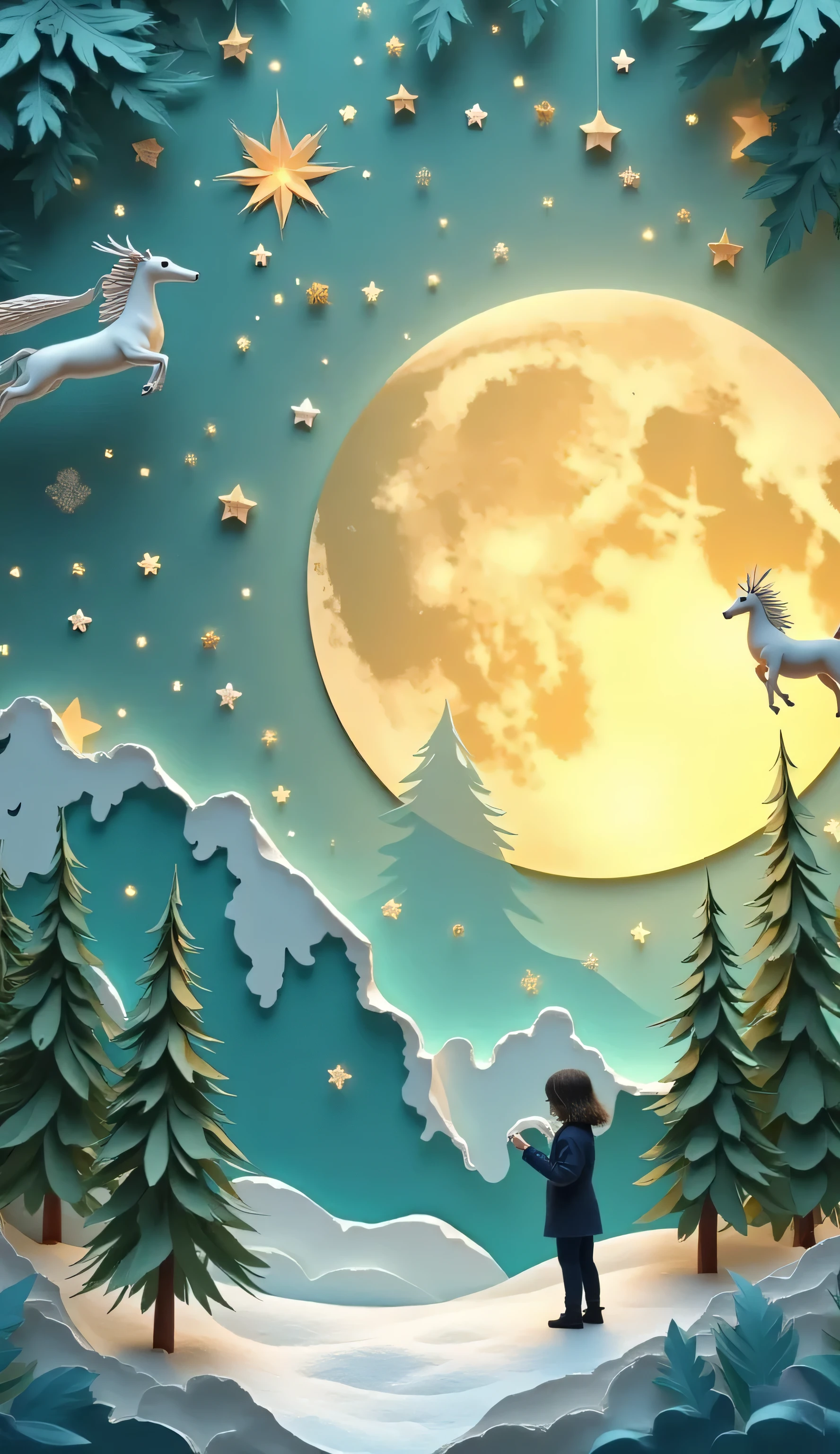 1Girls\(angel,cute, big eyes ,White skin,ยิ้มcute, with backlight,whole body\),refreshing mood,lobes\(colors,beautiful,In the air\),Many leaf, In the forest,pony ,Close-up photo of a girl, beautiful moon, (PaperCutArt:1.7)