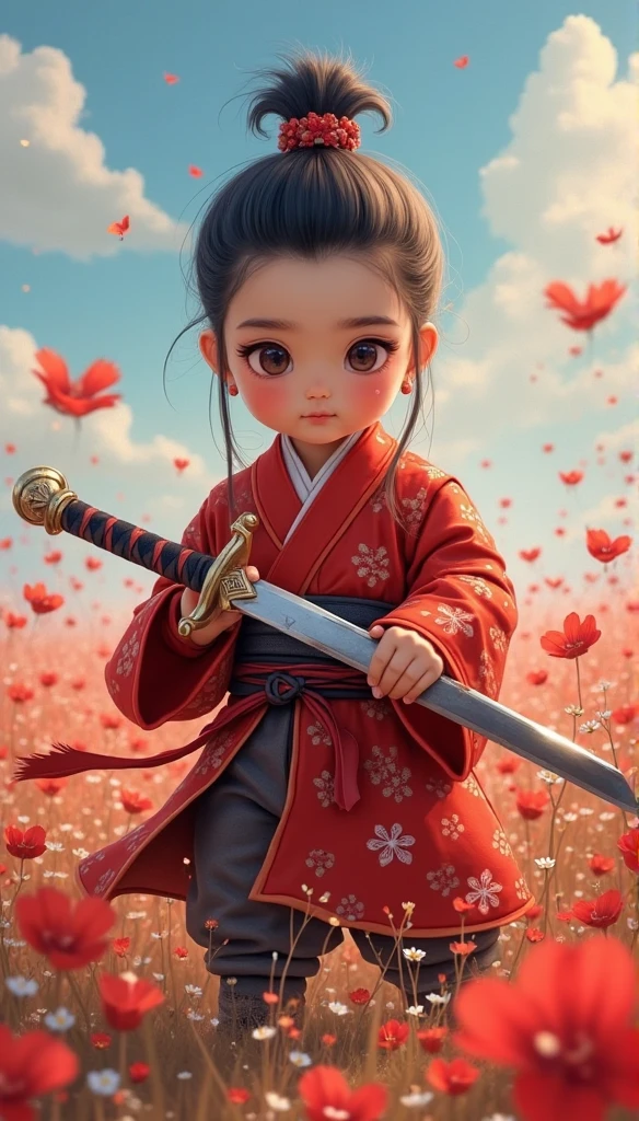 A little girl in Chinese clothing，Hand with a sword