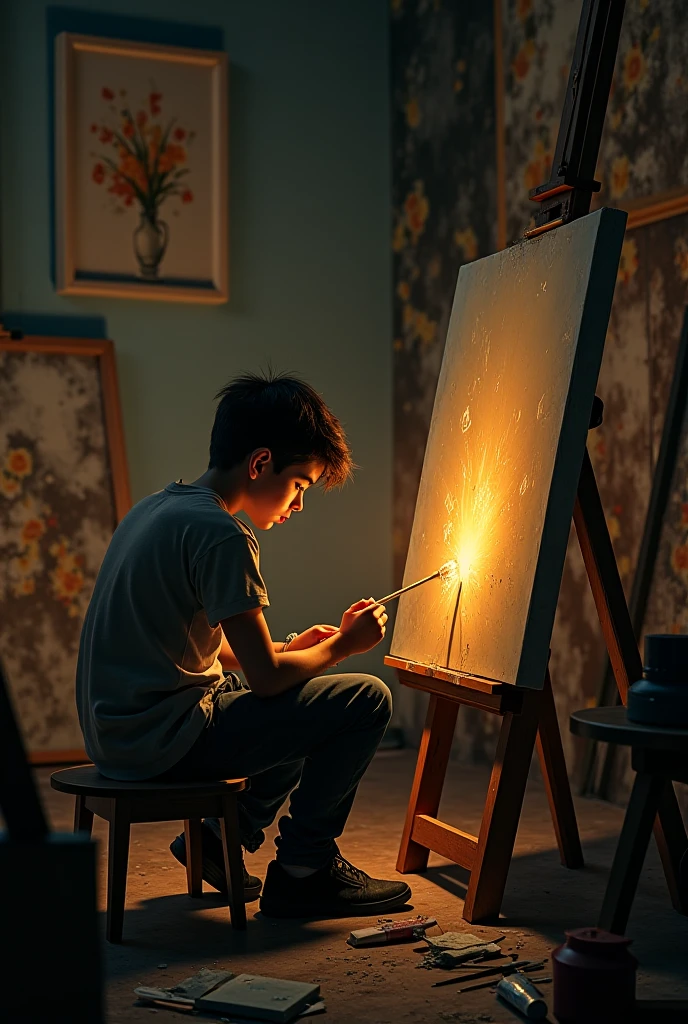 A Indian teenager boy artist painting