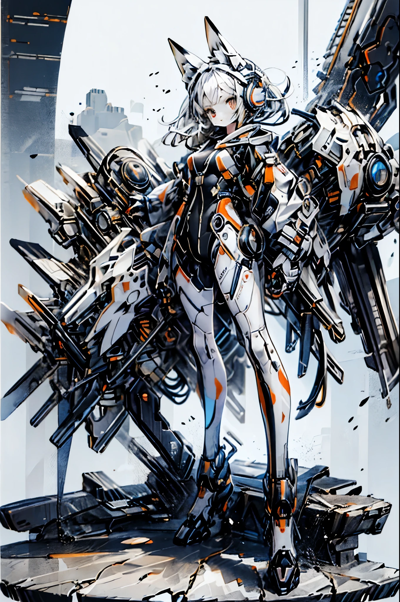 best quality,masterpiece,illustration,1 girl,Alone,full body,fox ears,Mecha,Machine,Gym suit and bloomer ,blank background,Mechanical leg,(Fluorescent color:1.5),(Laser Violet:1.1),Foxfire,Fluorescent color、weapons、weapon、16k,