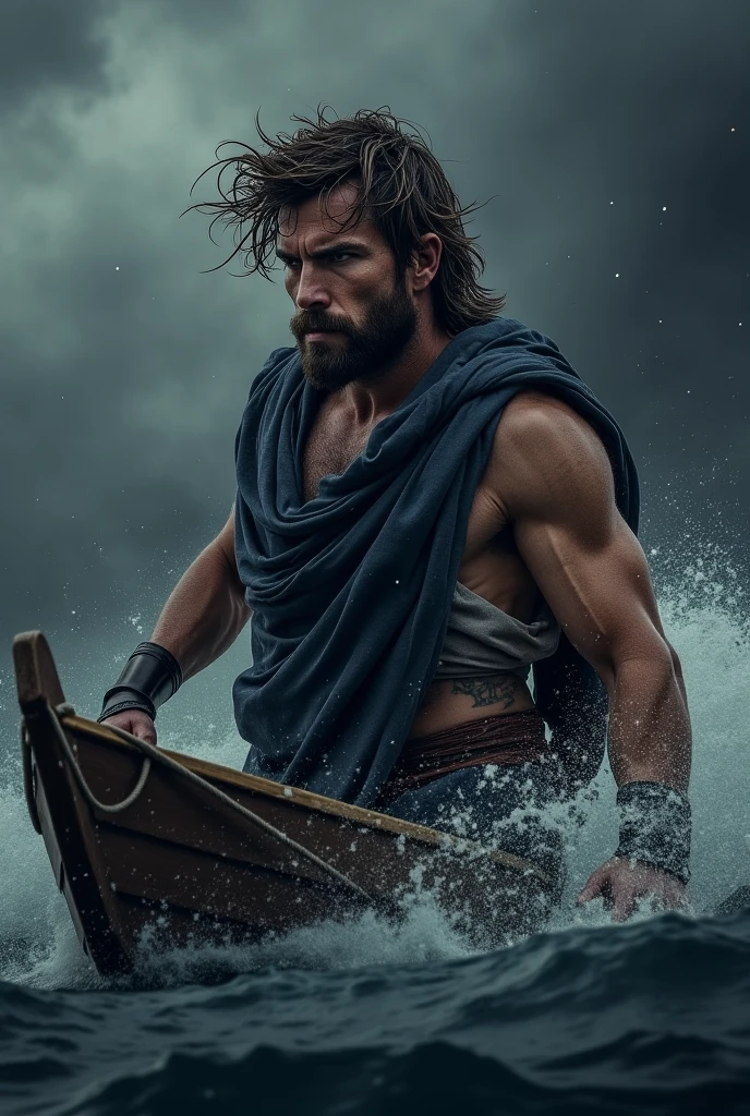 (best quality,4k,8k,highres,masterpiece:1.2),ultra-detailed,(realistic,photorealistic,photo-realistic:1.37),Zeus summoning lightning bolts in a desperate battle with Typhoon, towering and unscathed,illustration,oil painting,mythology,greek god,god of thunder,huge muscular body,giant muscles and veins,bearded face with fierce expression,glowing golden eyes,sweat pouring off him,tense and aggressive stance,dark storm clouds,sunset lighting,torrential rain,majestic thunderbolts,brilliant electric blue bolts of lightning,electricity crackling in the air,rippling shockwaves,ferocious wind gusts,dramatic and intense atmosphere,stormy sea waves crashing against rocks,evocative power and strength,ominous and awe-inspiring presence,stormy seascape with tumultuous waves crushing in the background