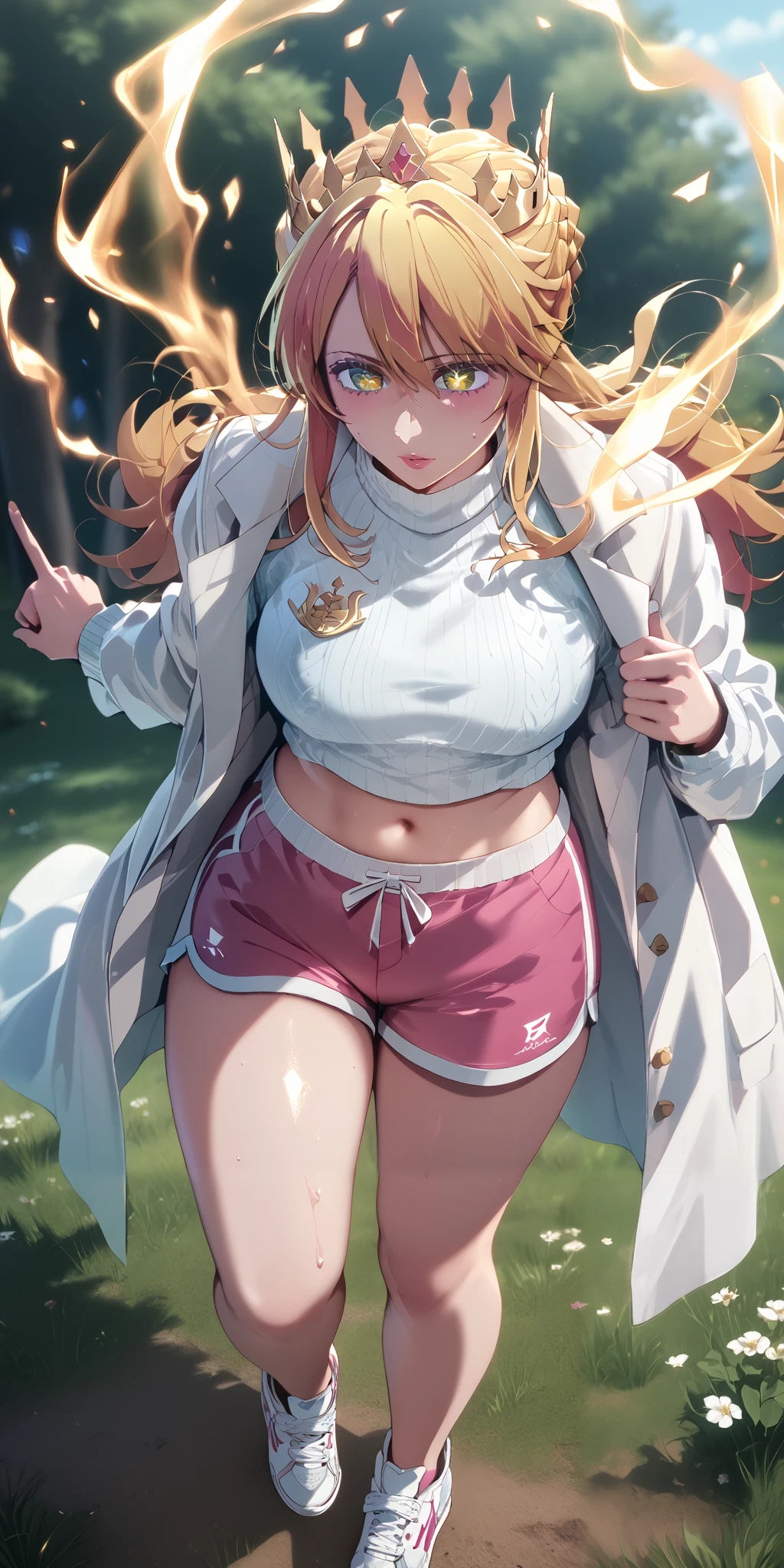 hotvr_style, score_9, score_8_up, score_7_up, score_6_up, uncensored, score_9, score_8_up, score_7_up, score_6_up, uncensored, (24yo girl:1.1), strong milf, Artoria Pendragon Lancer, long hair, blonde hair, yellow eyes, sidelocks, single hair bun, french braid, crown, BREAK detailed eyes, (perfect hands, perfect anatomy), detailed skin texture, (blush:0.5), (goosebumps:0.5), subsurface scattering, cinematic, Sharp focus, humorous illustration, big depth of field, Masterpiece, concept art, trending on artstation, Vivid colors, Simplified style, trending on ArtStation, trending on CGSociety, Intricate, Vibrant colors, Soft Shading, Simplistic Features, Sharp Angles, Playful, excessive sweating, sweating profusely, sweating drop BREAK, pointing breasts, shoes, dolphin shorts, sneakers, pink shorts, short shorts, coat, open coat, midriff peek, thighs, turtleneck, long coat, white coat, sweater, long sleeves, white sweater, magic-realism, paper, book, gem, crystal, field, bokeh, aura, floating book, bright pupils, ((aura)), fantasy isekai