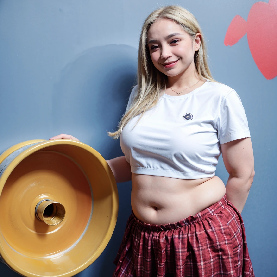 blonde woman in yellow shirt and pink shorts holding a white helmet, her belly button is exposed, navel showing, exposed belly, visible belly, wearing yellow top, wearing top cut, yellow and red, wearing red and yellow clothes, wearing honey themed miniskirt, her hand is on her waist, visible stomach, top cut