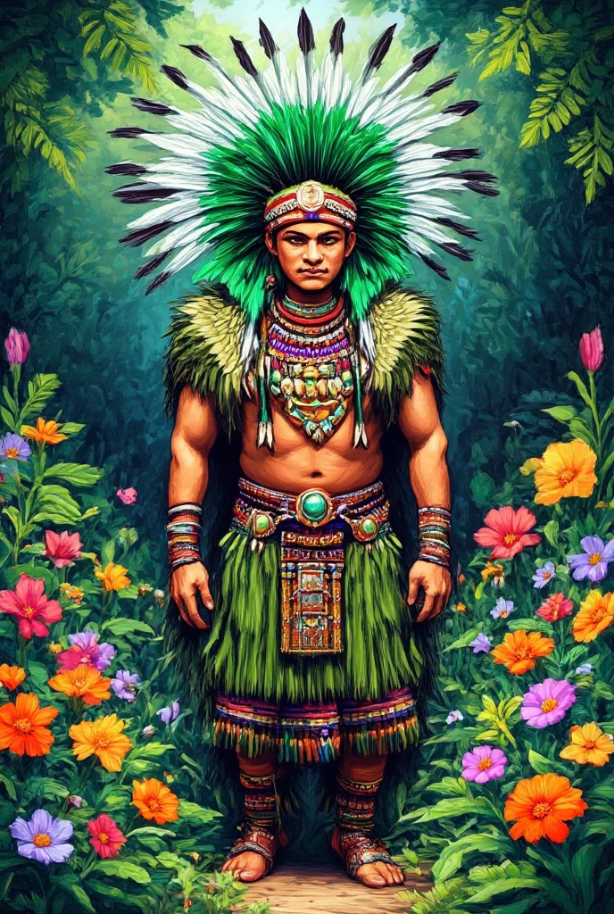 a drawing of a native man with a spear and a bird, inspired by George Catlin, avian warrior, in the art style of quetzecoatl, aztec yaotl warrior, an aztec warrior, colored drawing, native art, colored illustration, native american folk art, a native american warrior, indigenous art, native american art, inspired by Victor Noble Rainbird