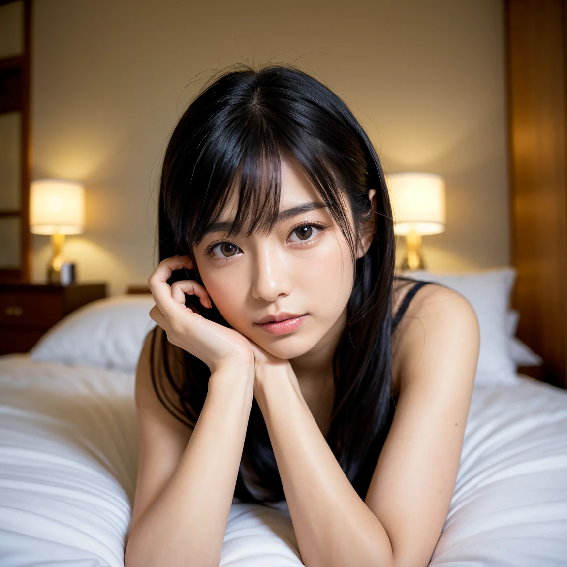 Best-quality, Masterpiece, Ultra-High-Resolution, (Photorealistic:1.4), Raw-Photo, 1girl, the most famous Japanese idol, at bedroom, on bed, (((coma):1.3)), wearing extremely gorgeous pajamas, (extremely cute face like the most popular Japanese idol, ((extremely beautiful big-black-eyes)), extremely beautiful hair, extremely beautiful skins), extremely beautiful long-eyelashes, extremely beautiful lips