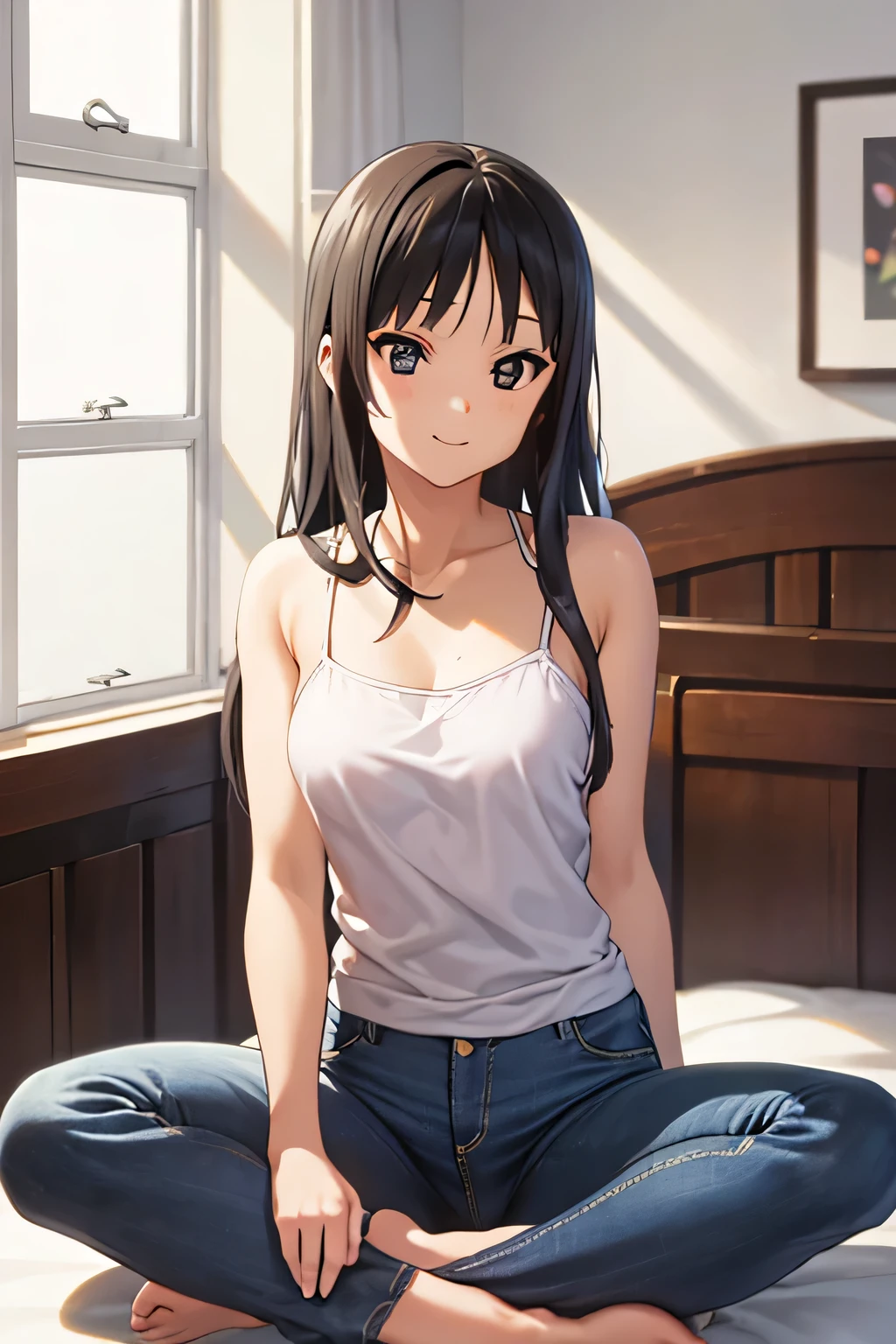 1 girl in her bedroom sitting on the bed wearing a light blue spaghetti strap tank top and blue jean shorts, smile, closed mouth, black hair, brown eyes, portrait shot, sitting indian style