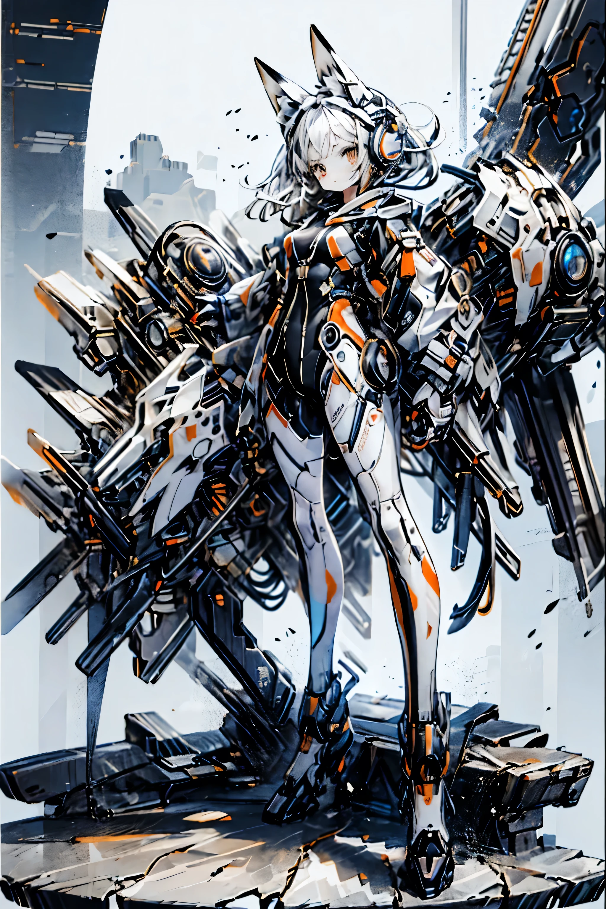 best quality,masterpiece,illustration,1 girl,Alone,full body,fox ears,Mecha,Machine,Gym suit and bloomer ,blank background,Mechanical leg,(Fluorescent color:1.5),(Laser Violet:1.1),Foxfire,Fluorescent color、weapons、weapon、16k,