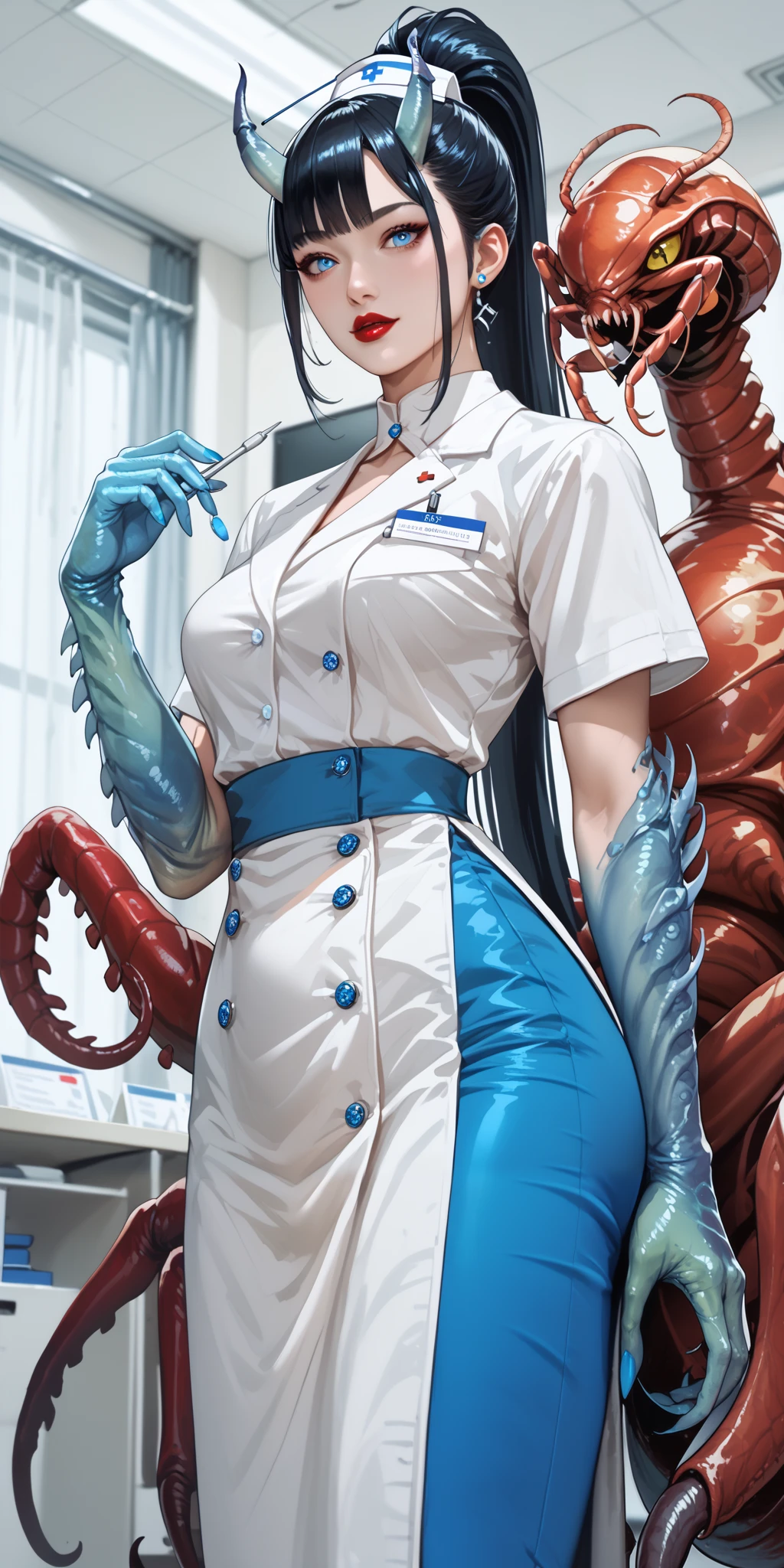 The woman is an demon/monster , she is dressed in a doctor's costume: blue capri pants , white medical robe, silicone gloves. She has long black centipede-like tail. She has a second pair of hands in the form of mantis paws. There are two long horns on her head. she has black hair slanting bangs and long tall ponytail. She has expressive glowing blue eyes and black eyelids. She has red lipstick on her lips and she smiles mysteriously all the time. In the background : is a medical office of demonic hospital, in the room standing an anatomical model of a person, medical instruments are on the tables.