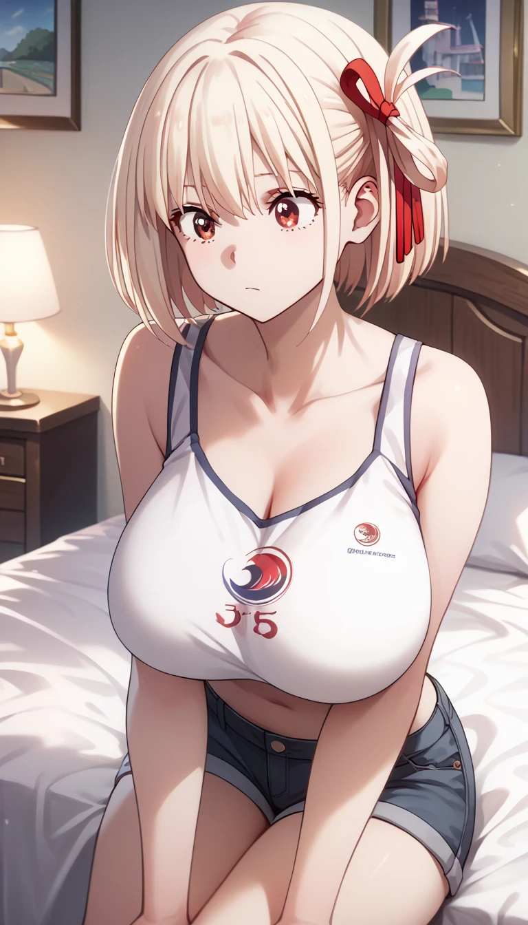((nishikigi chisato,red hairribbon,sports bikini, red buruma, zipper pull tab, sportswear, buruma, crop top, stomach, thighs, bare shoulders, navel)),nsfw,((solo girl)),((Perfect body,))((Super beautiful,))((High quality,)), (sweaty,wet fullbody,)Steam,blush,Shiny,(half open eyes,,)love hotel room,pov,Looking at Viewer,(gigantic breast),half open eyes,smile,spread legs,(Show off your crotch by opening your crotch in a crouching posture,)squatting and straddling,