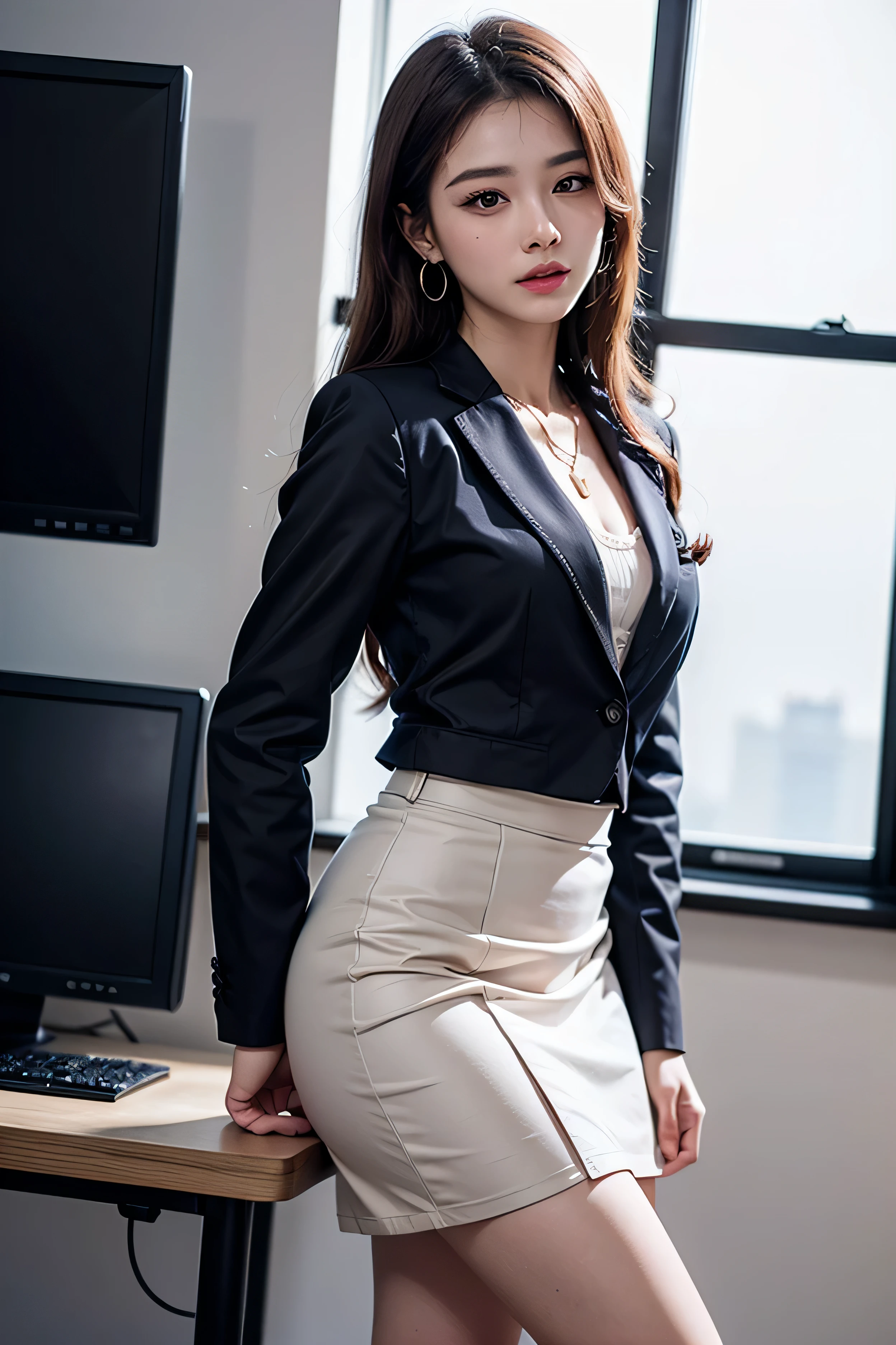 table top, highest quality, realistic, Super detailed, finely, High resolution, 8k wallpaper, 1 beautiful woman,, light brown messy hair, He is wearing a black see-through dress shirt with an open collar..., sharp focus, perfect dynamic composition, beautiful and detailed eyes, thin hair, Detailed realistic skin texture, smile, close-up portrait, model body shape、president'secretary of、mini skirt、high heels、whole body、suit