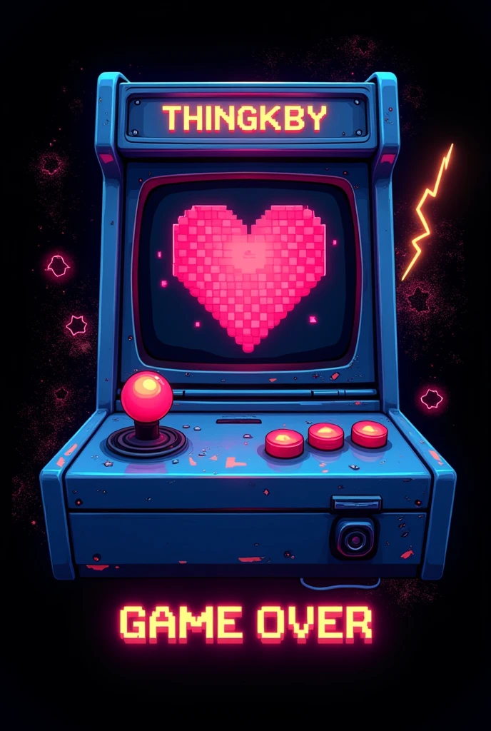 A unique design and personality on a black background for a croptop. Trung tâm là một chiếc máy chơi game cầm tay retro với màn hình phát sáng màu neon blue , shows a flickering pixel heart as if it is about to “run out of blood”. The buttons of the machine are stylishly designed Sweet candy, create a combination of cute features and a powerful gaming vibe. Surrounded by a light glitch effect, symbols like lightning, pixel stars and cyberpunk style coding characters. The inscription “Game Over” or “Press Start” designed in pixel art style or glitch font, creates a youthful highlight and style. Dominant color : neon blue , bright pink and yellow, stand out against a mysterious black background.