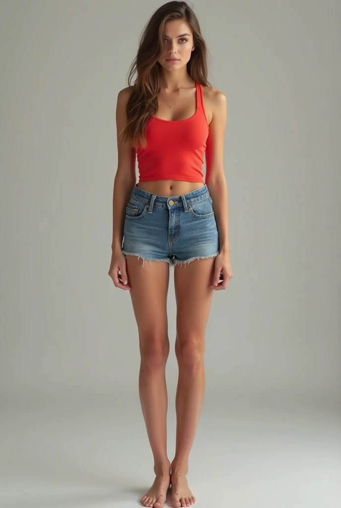 Iris Steensma, 1.5 meters tall, wearing platform red sandals and denim white daisy dukes shorts