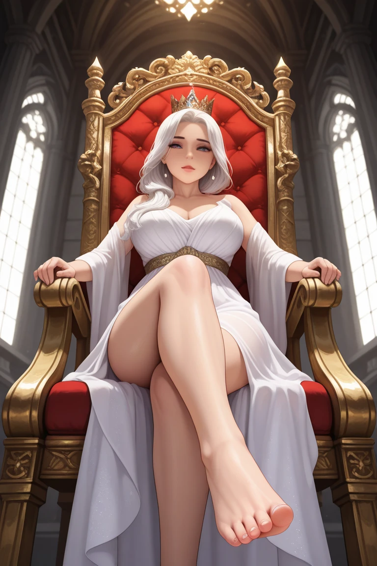 score_9, score_8_up, score_7_up, source_anime, elf, white haired, exposed breasts, bare feet, anklet, sitting on throne, tiptoe, hair over one eye, dragon tattoo