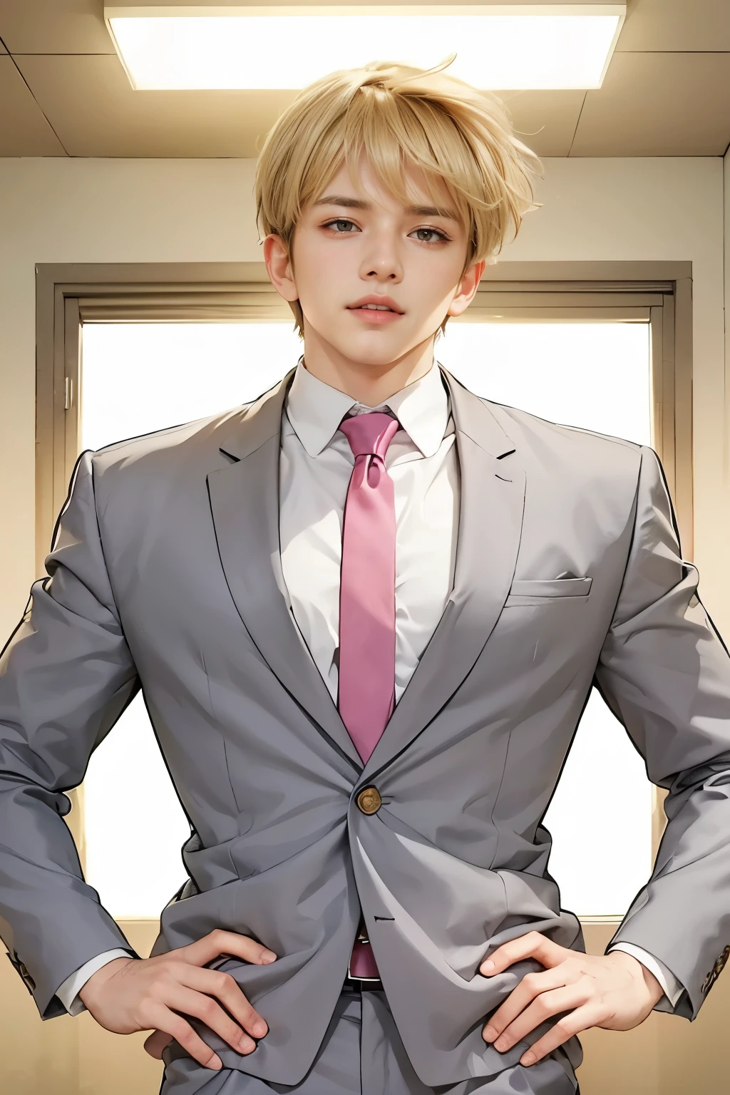 best quality, masterpiece, details, close, Half Body, Perfect ratio, handsome, Alone, Sluggish Eyes , And laugh, is sleepy, Three white eyes, 1 boy , Pale Hair from Under Bangs, handsome Japanese man , gray suit, pink neck , Sparkling Background of Relief, Delicate Texture, soft lighting, Realistic Portraits, advanced 3d rendering , rich color , Bokeh, high resolution, 4K Ultra High Definition