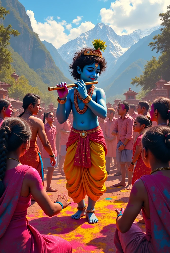 Kids Lord Krishna playing flute in his childhood and his friends enjoying in the city of mathura