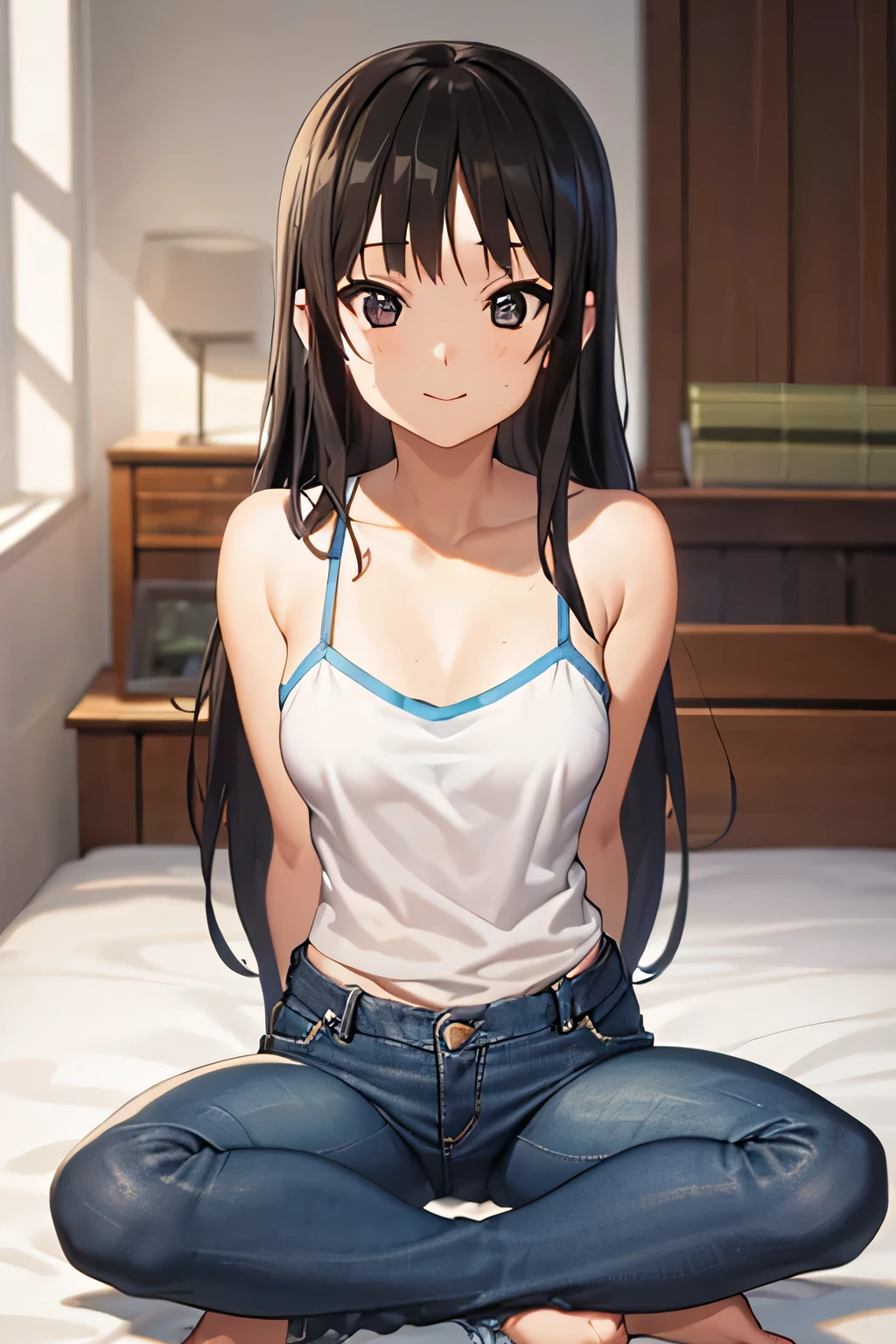 1 girl in her bedroom sitting on the bed wearing a light blue spaghetti strap tank top and blue jean shorts, smile, closed mouth, black hair, brown eyes, portrait shot, sitting indian style