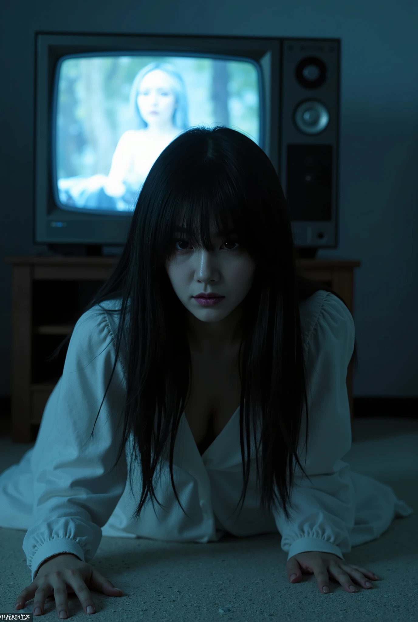 Create a haunting scene from a horror film featuring a beautiful Japanese actress. She has lifeless, pale skin and an unhealthy complexion with deep purple lips. Her long, messy black hair is one-length, with one eye obscured. She wears a flowing, pure white dress. The background is set in a dimly lit room, where she is crawling toward the viewer in front of a flickering television with a strange appearance. The lighting is dramatic, enhancing the eerie atmosphere.