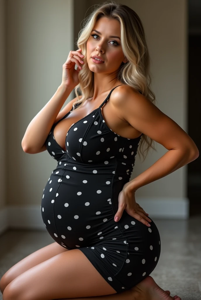  Sexy pregnant woman, cleavage, revealing sexy tight black dress, blonde hair, ponytail, small earrings, necklace, sunglasses, sexy